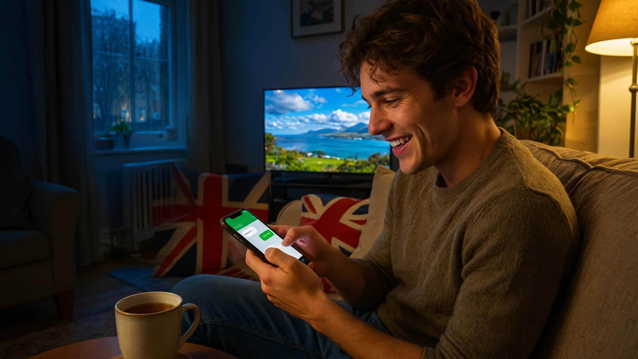 Smiling on the sofa while typing a message on a phone, with the TV glowing in the background