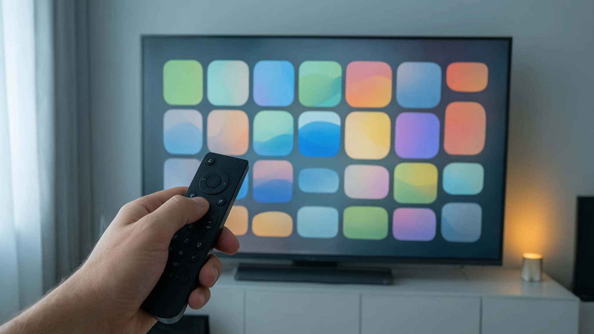 Hand holding a remote in front of a TV showing rows of colourful app tiles