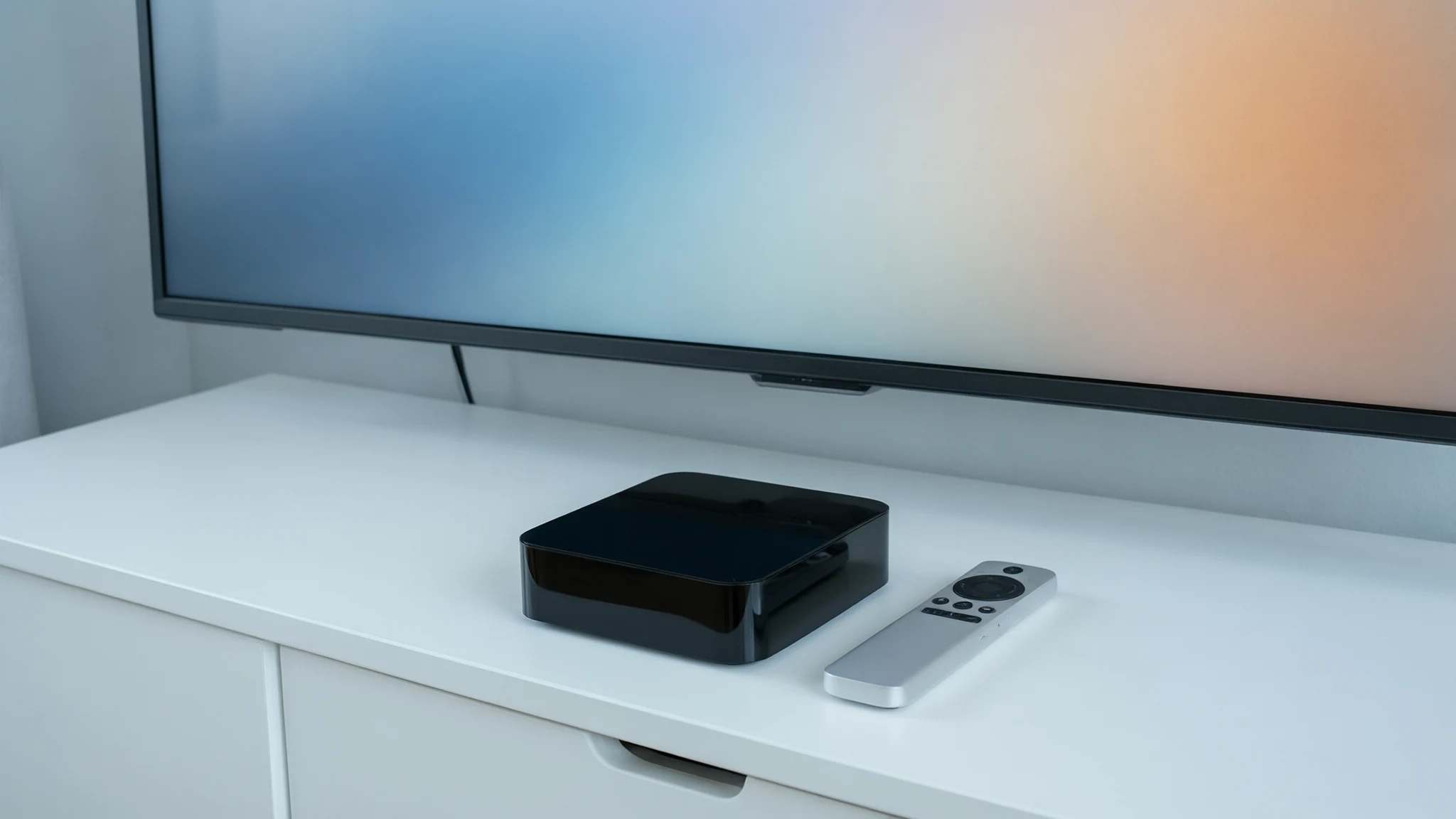 Small black streaming box with a silver remote on a white media console under a TV