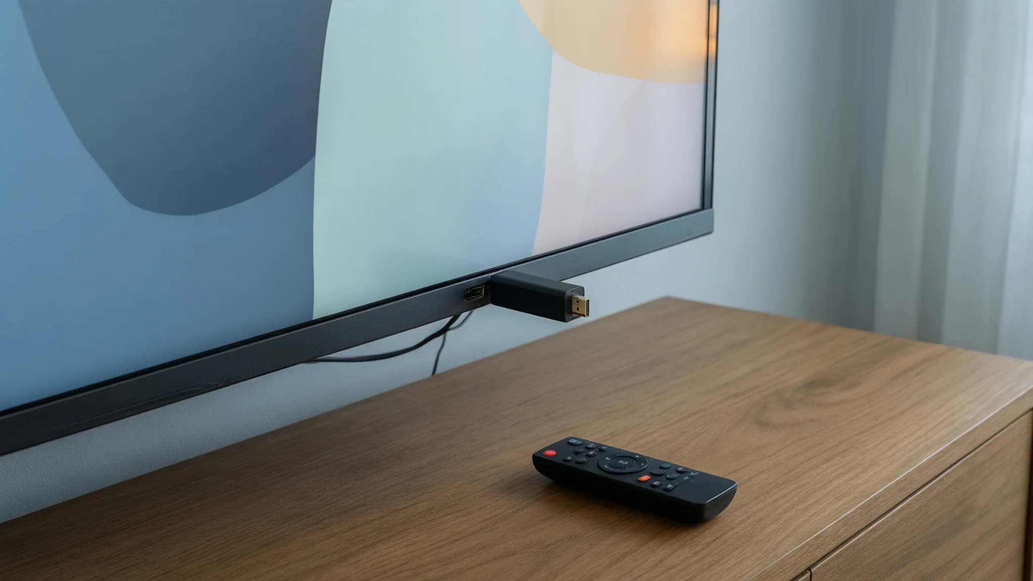 HDMI streaming stick plugged into the side of a TV, with a remote on the TV unit