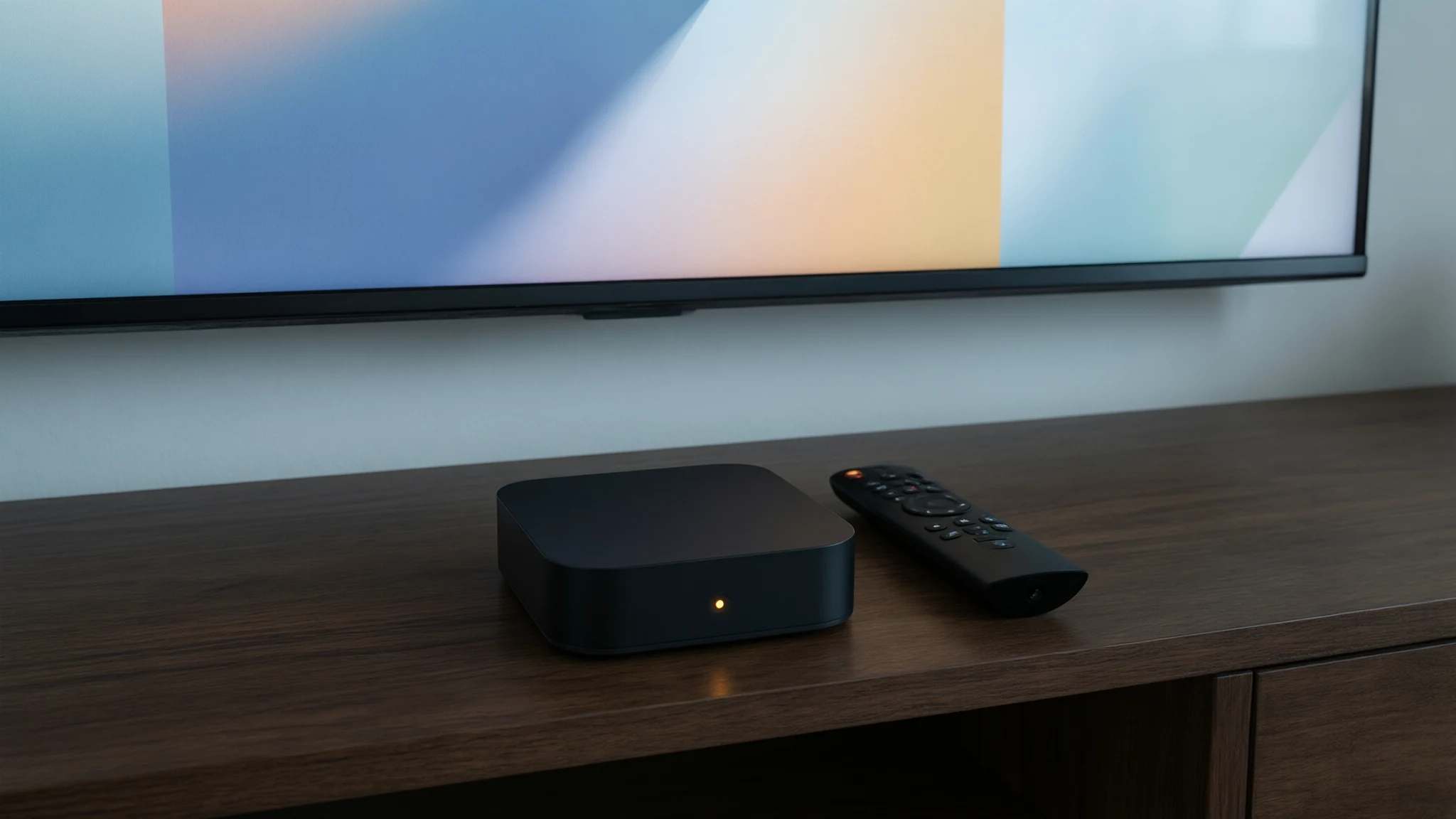 Small black Android TV box with a status light and a remote on a TV console