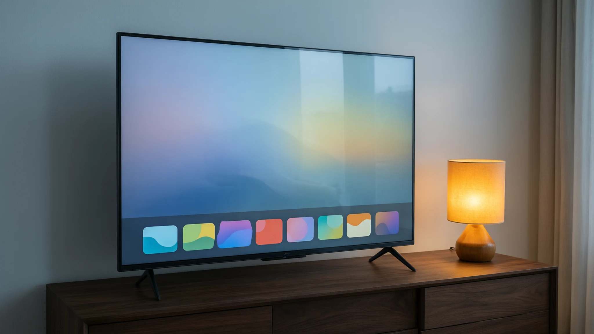 Smart-tv på en mörk tv-bänk med en rad färgglada appikoner längst ned och en tänd lampa