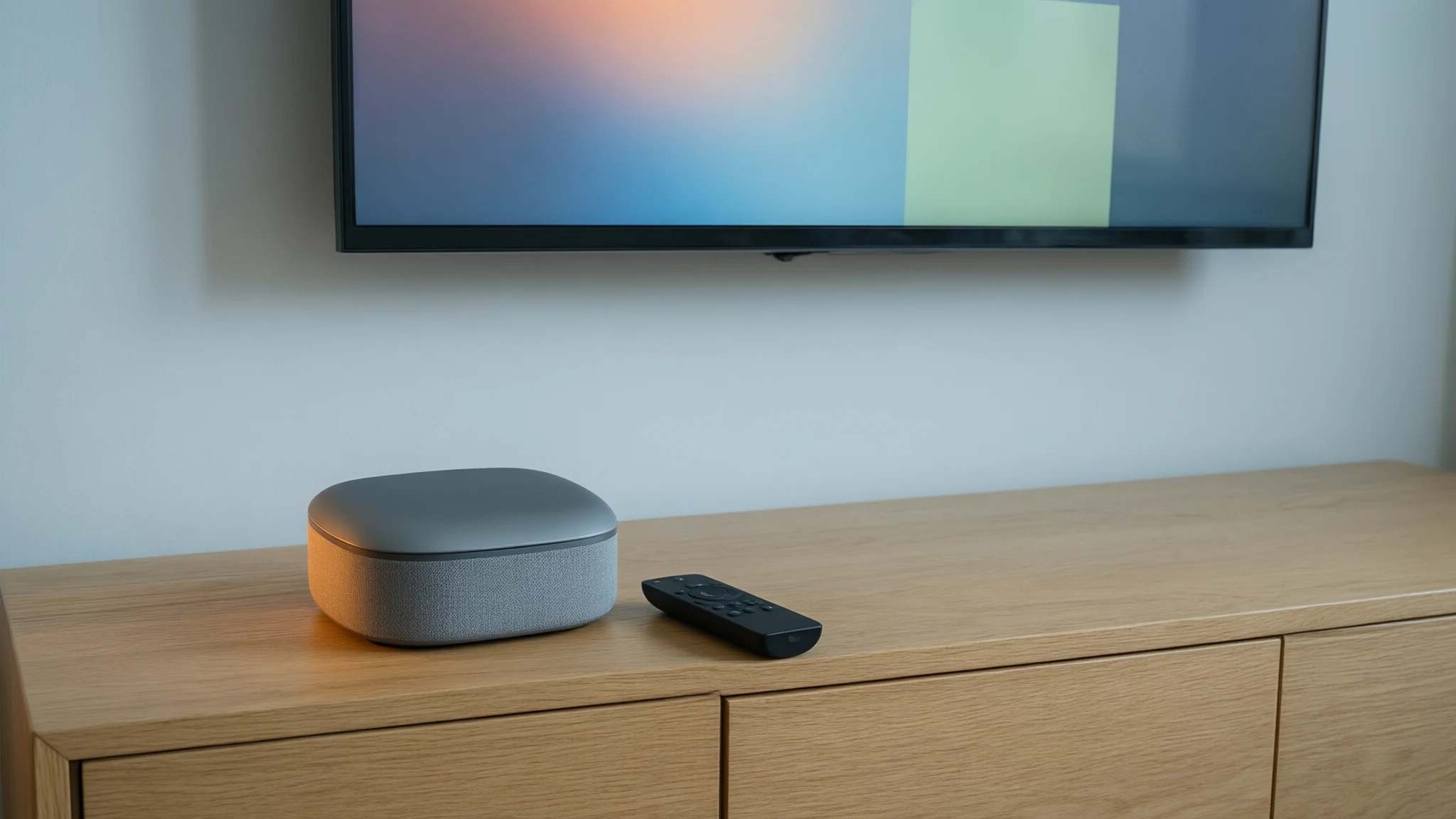 Compact streaming player and remote on a light oak media console under a TV