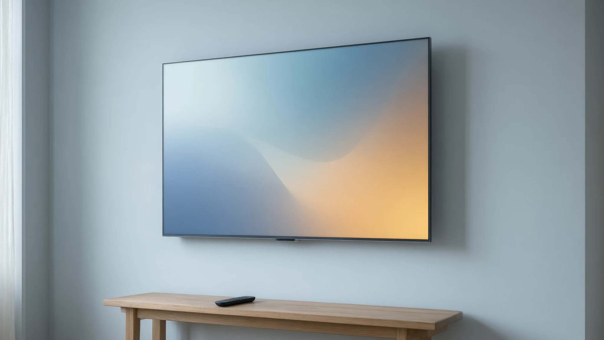 Télé ultramince fixée au mur au-dessus d’un banc en chêne