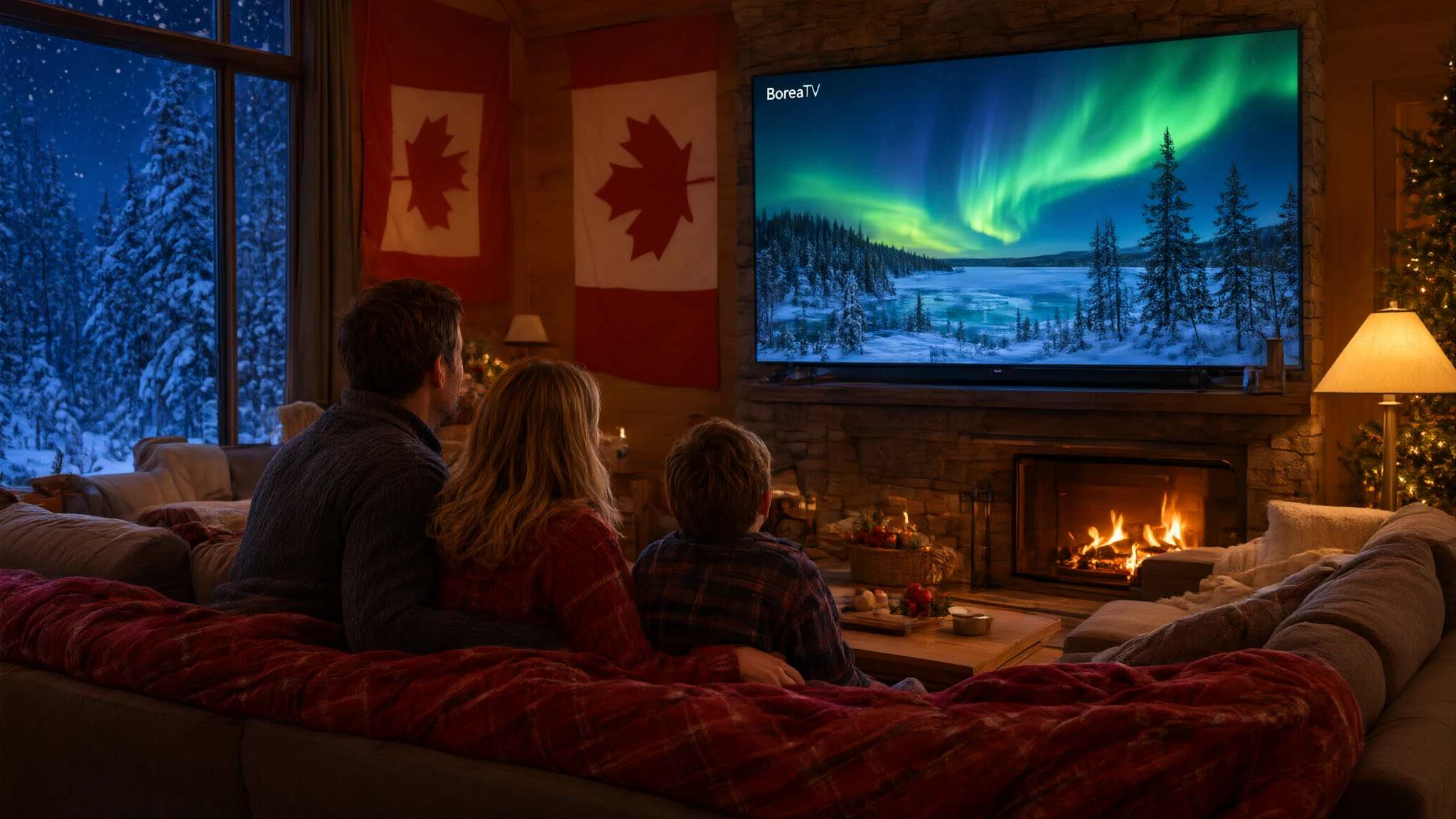 Family room in winter with a TV on a wooden unit, a sectional sofa and plaid blankets