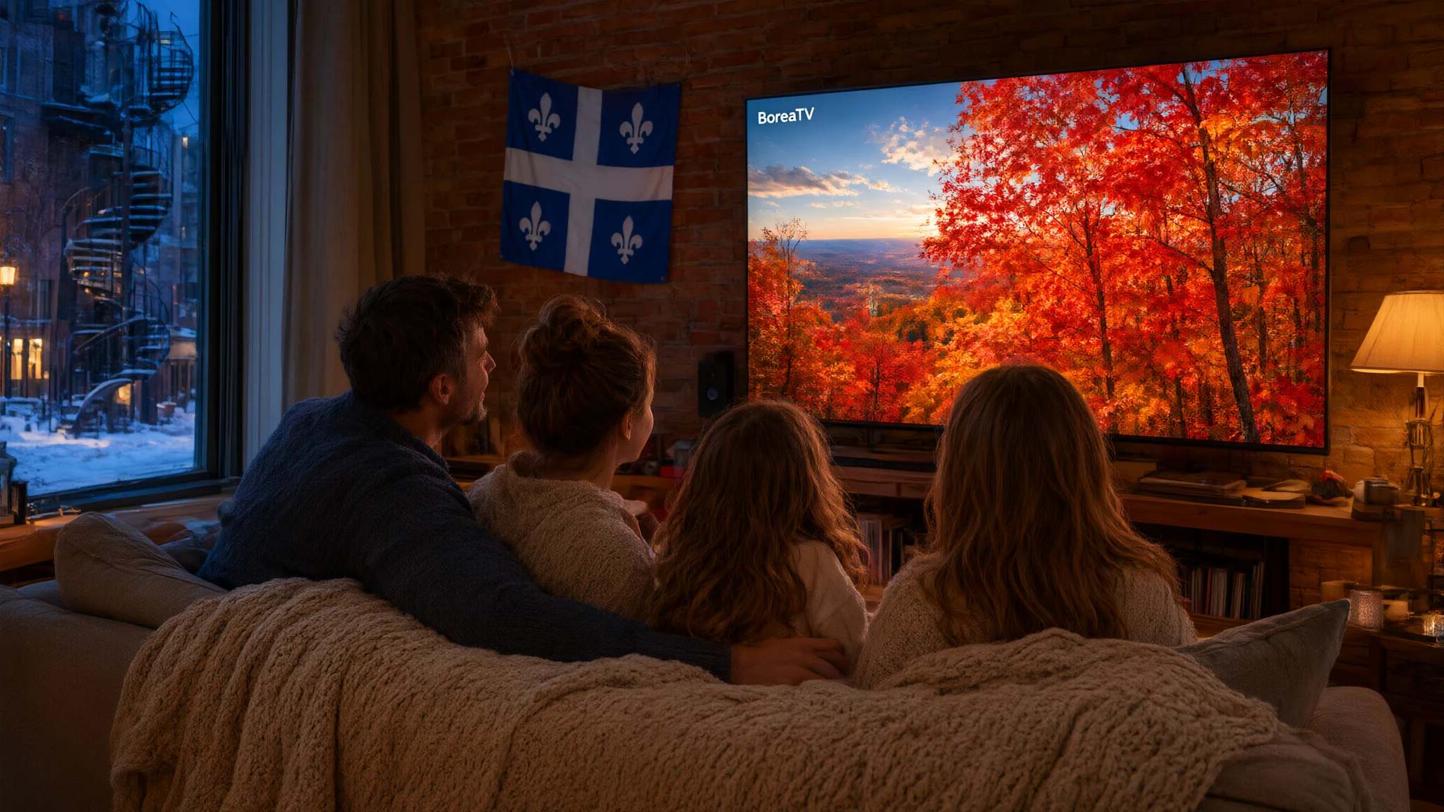 Salon d’un plex montréalais avec mur de brique, télé sur un buffet en teck et escalier enneigé à la fenêtre