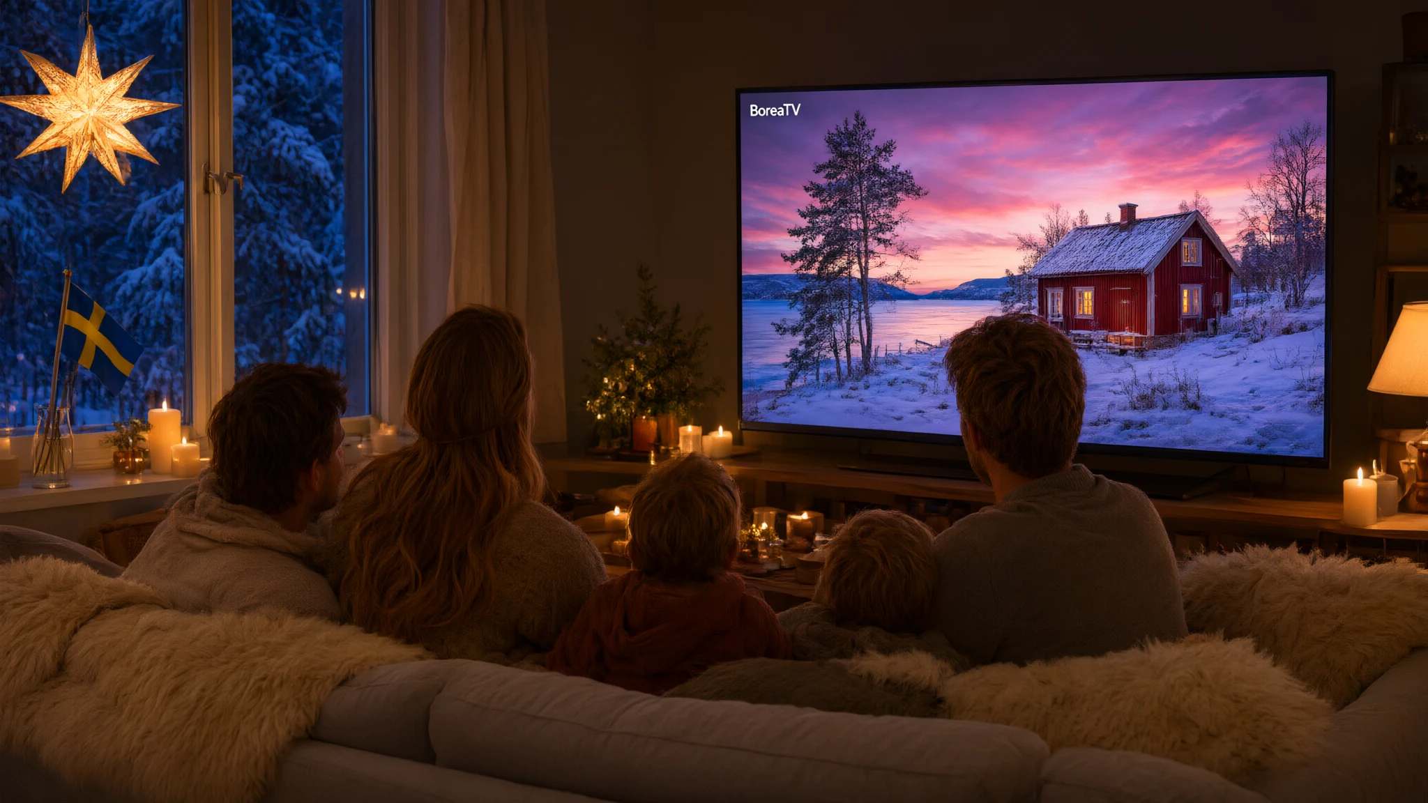 Vardagsrum en vinterkväll med tv på en vit sideboard, tända ljus och snöiga tallar utanför fönstret