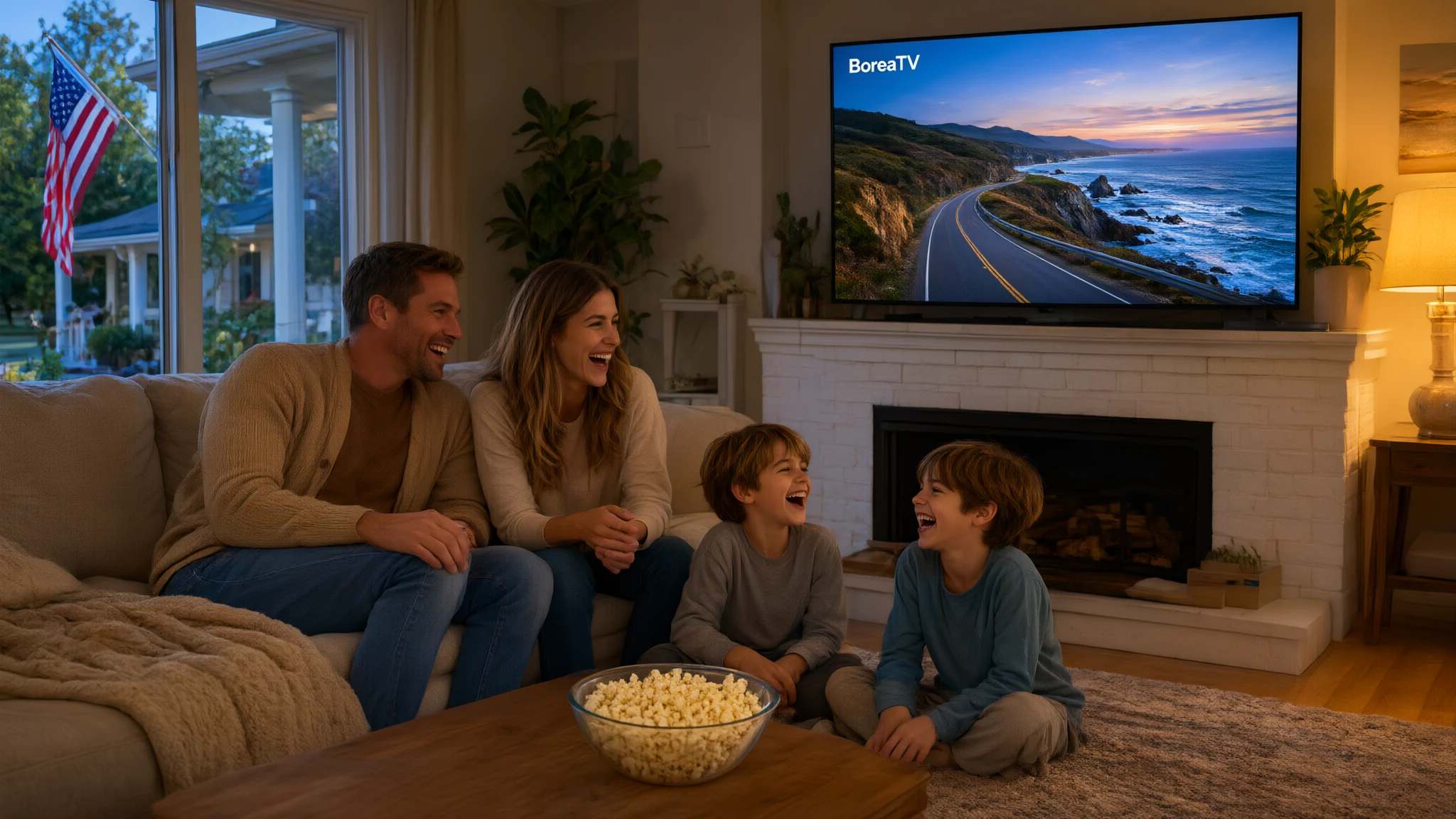 Open-plan family room with a TV above a white brick fireplace, a grey sectional and a bowl of popcorn