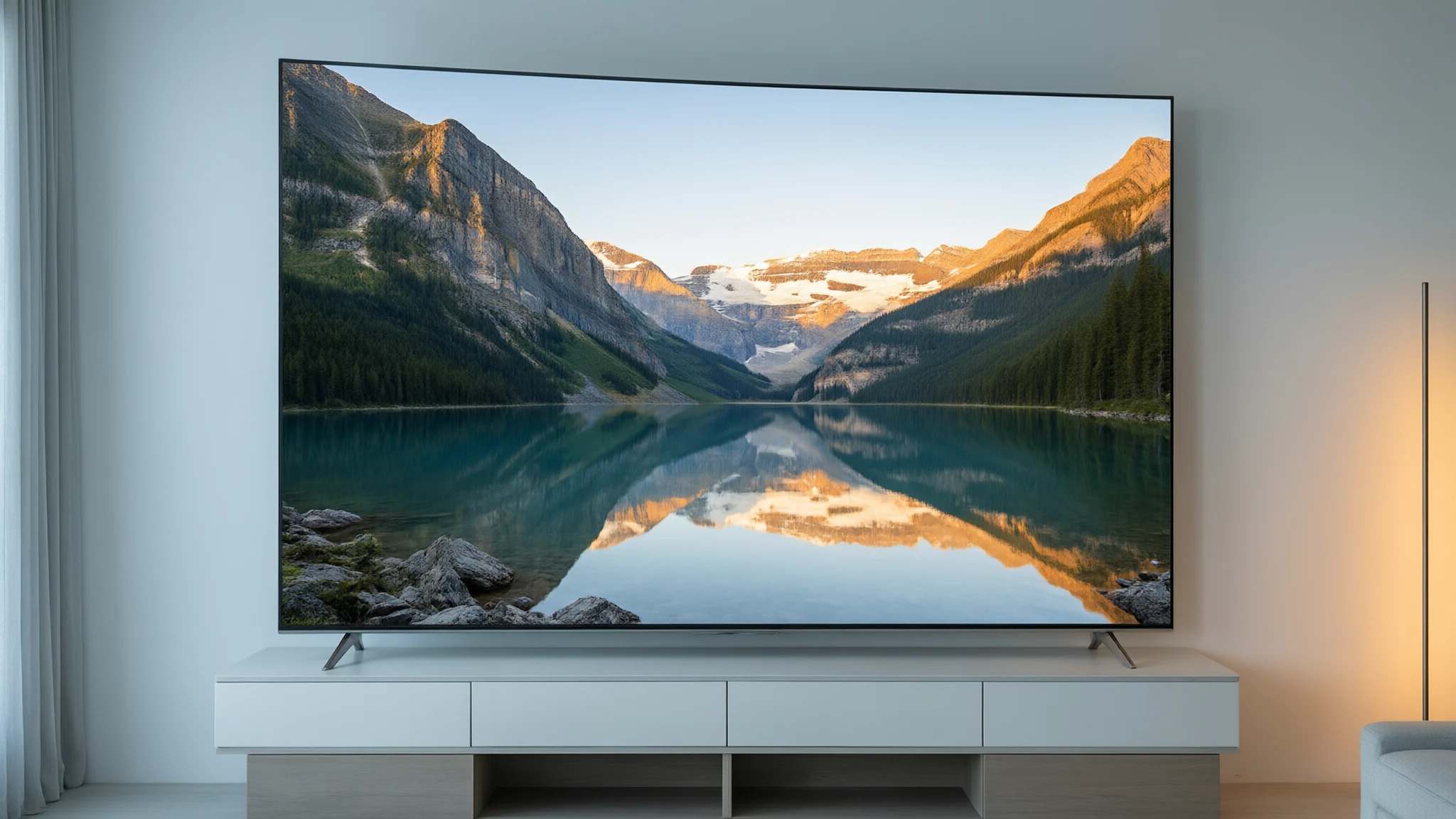 Large ultra-thin TV showing a razor-sharp mountain lake at sunrise in a minimalist living room