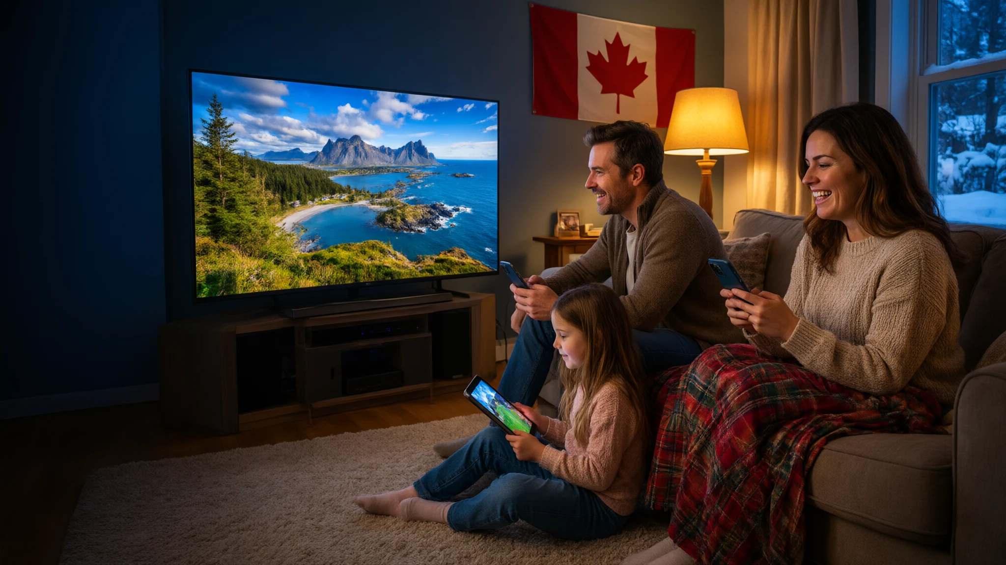 A family on a winter evening, each on a different screen: the TV, a tablet and a phone