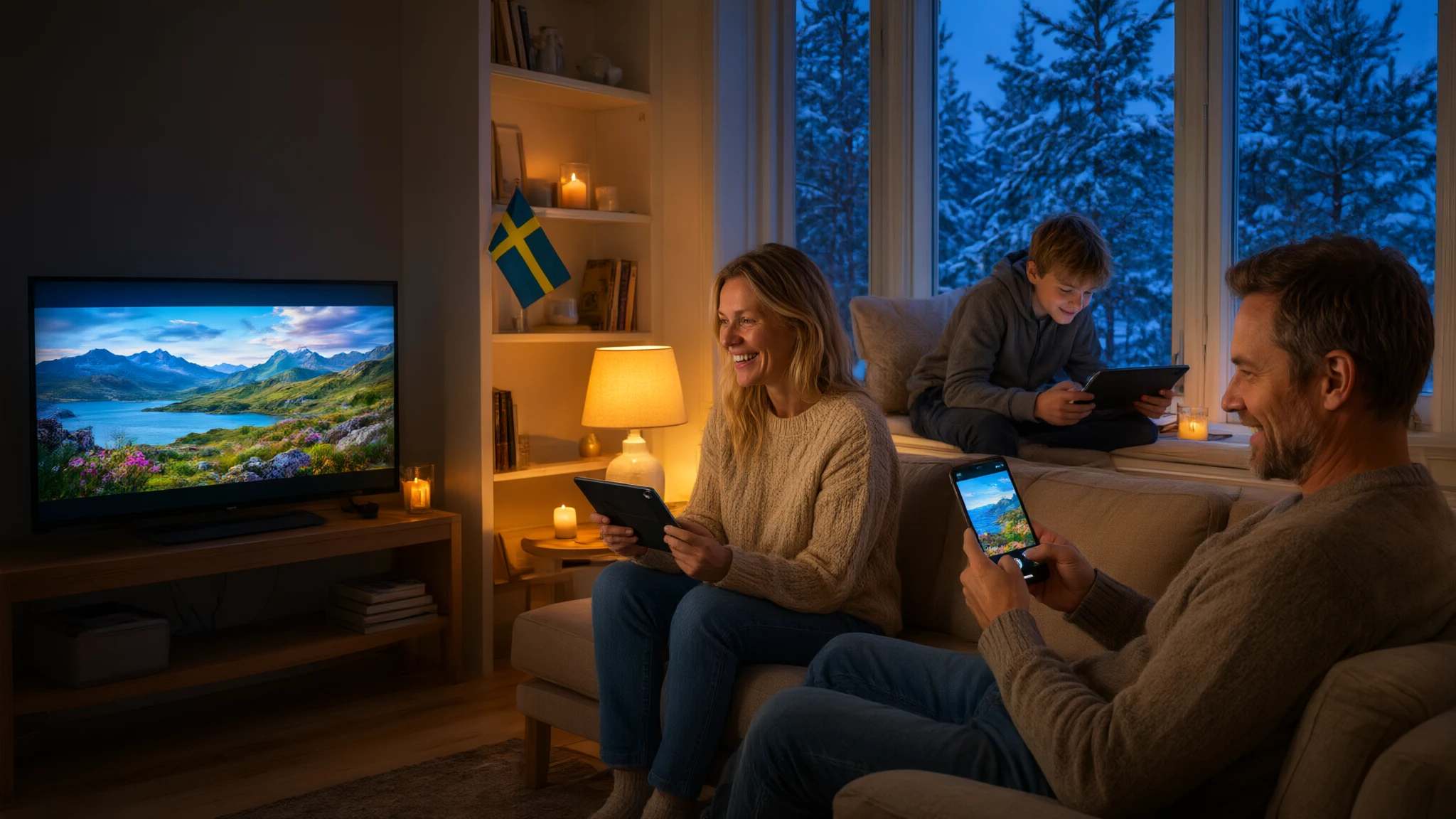 En familj i vardagsrummet, var och en vid sin skärm: tv:n, en surfplatta och en mobil