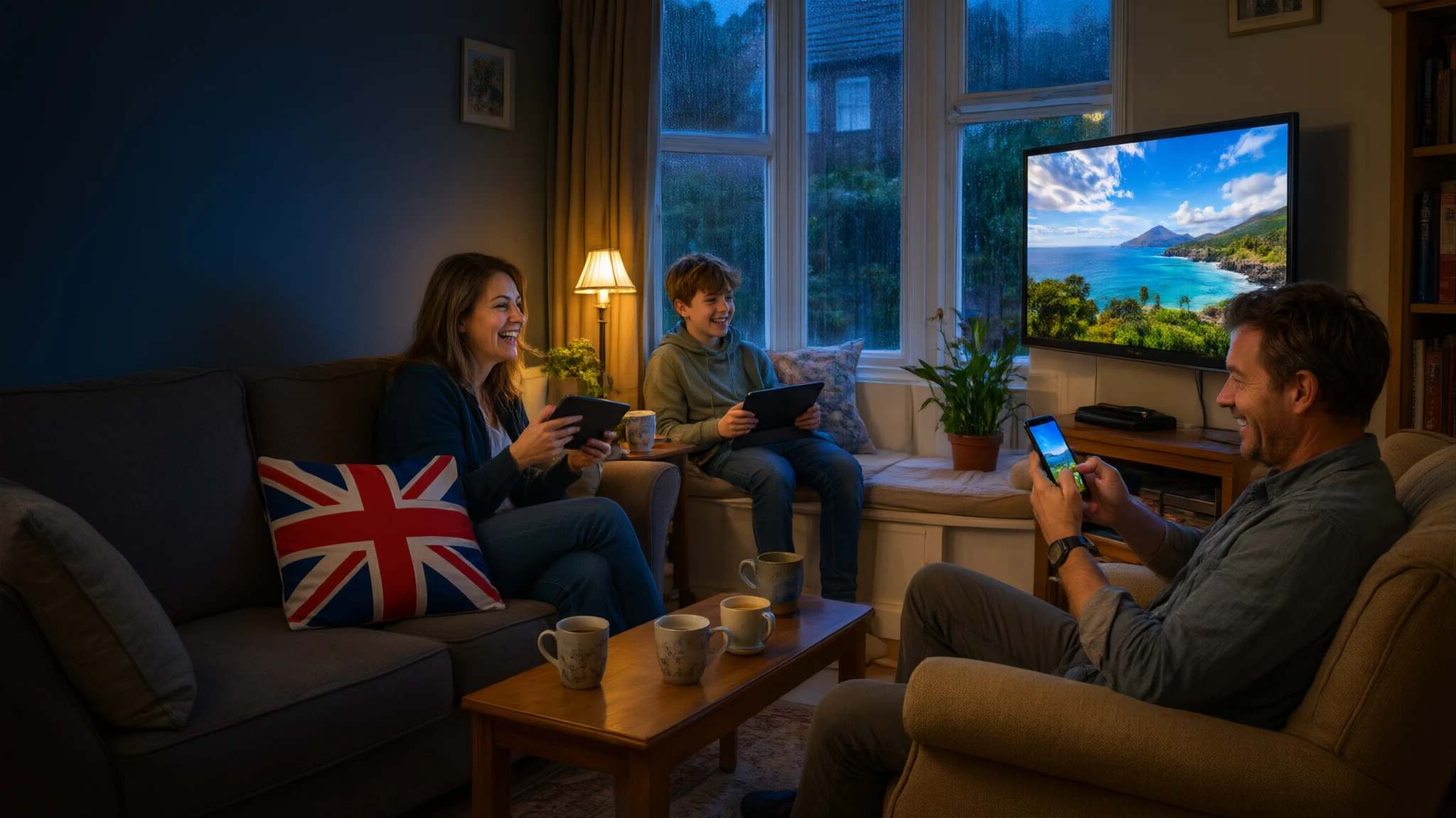 A family in a cosy lounge, each on a different screen: the telly, a tablet and a phone