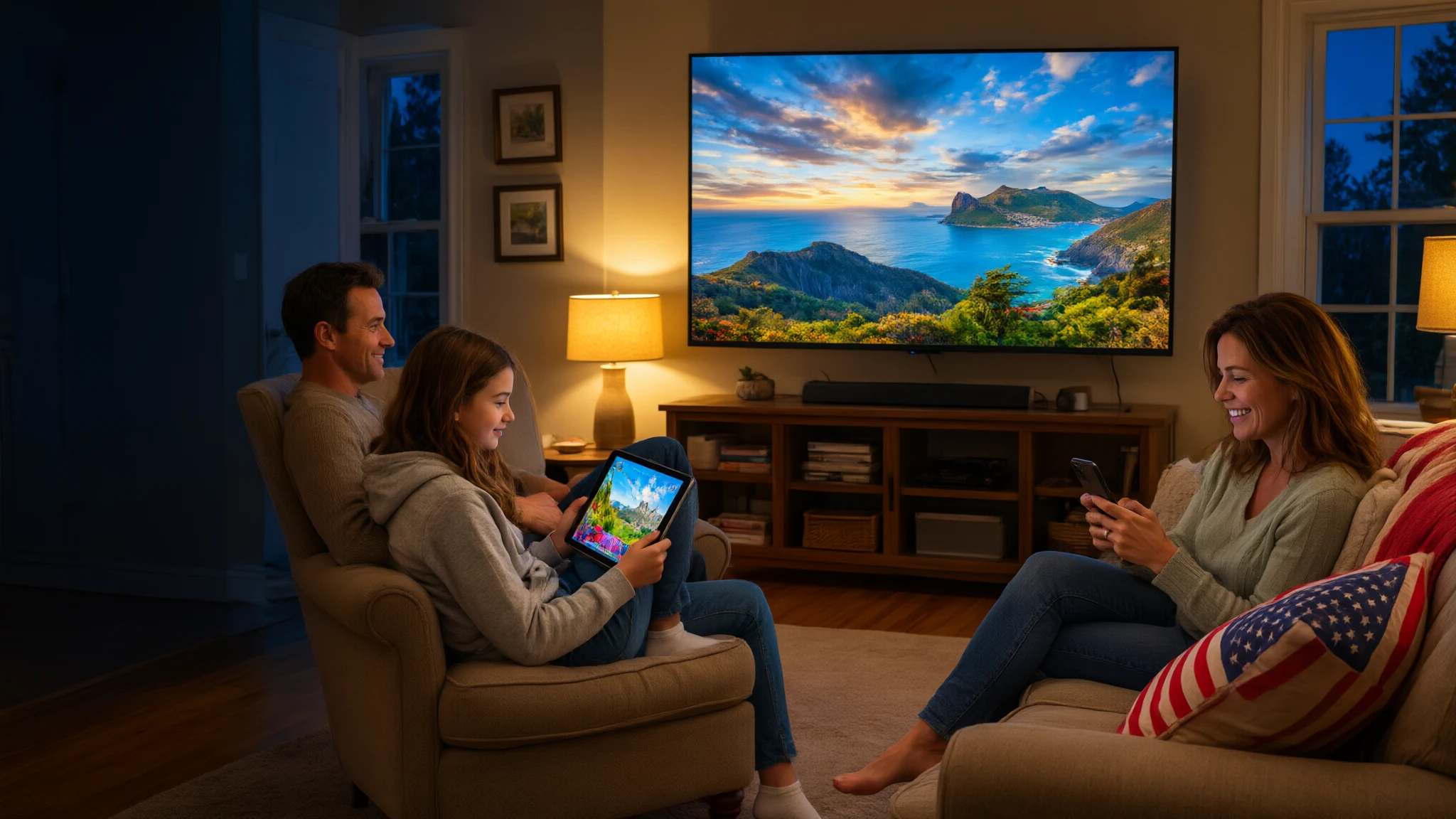 A family in the living room, each on a different screen: the TV, a tablet and a phone