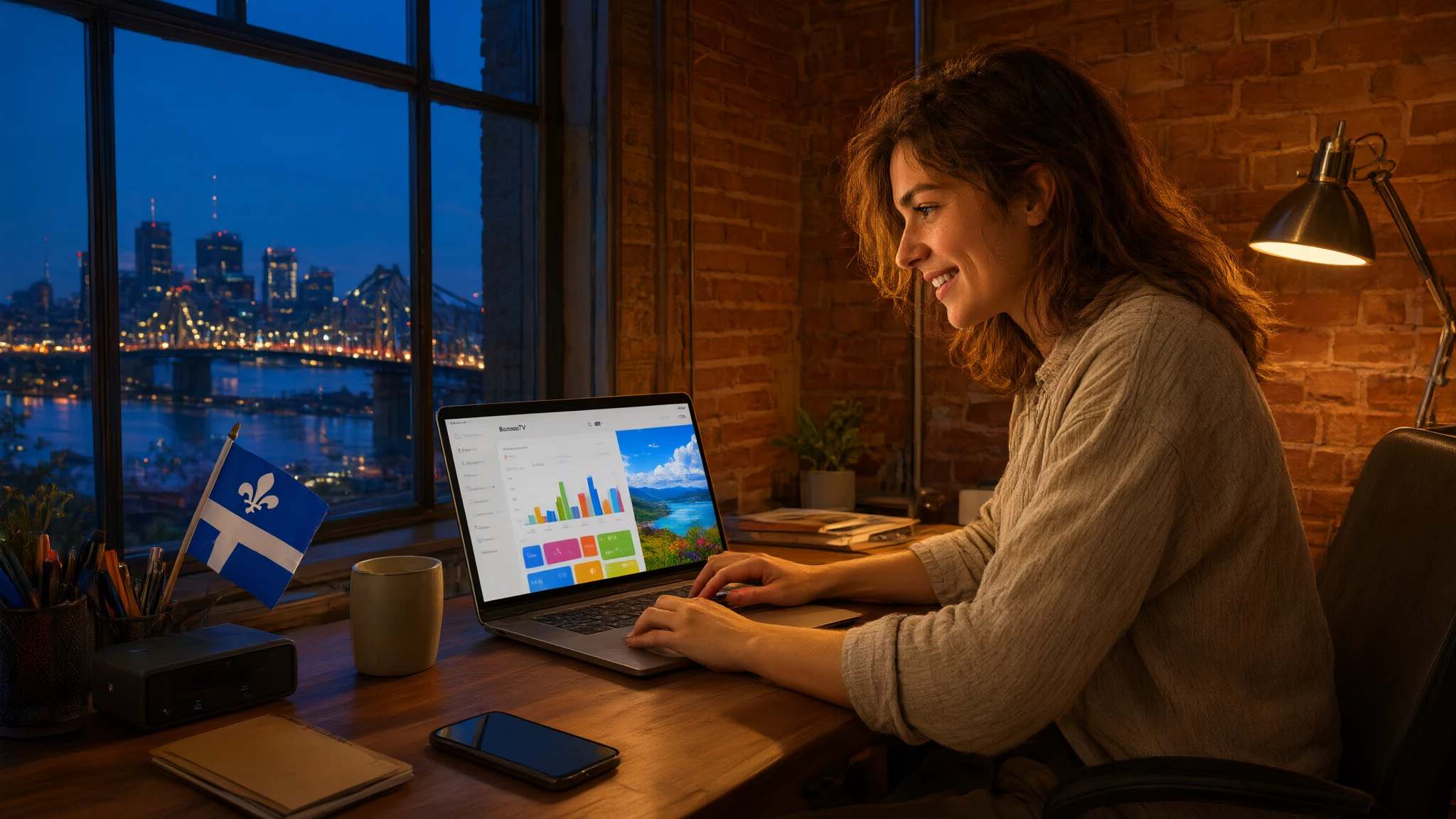 Une revendeuse sourit devant le tableau de bord de son portable, avec la ville illuminée au crépuscule derrière la fenêtre