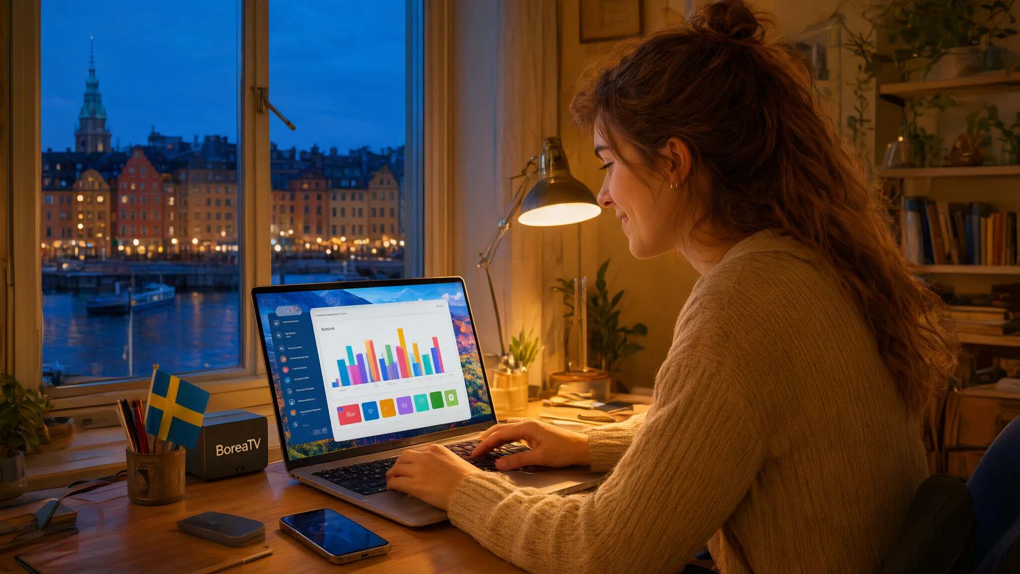 En återförsäljare ler mot en panel på sin laptop, med Gamla stan upplyst i skymningen utanför fönstret