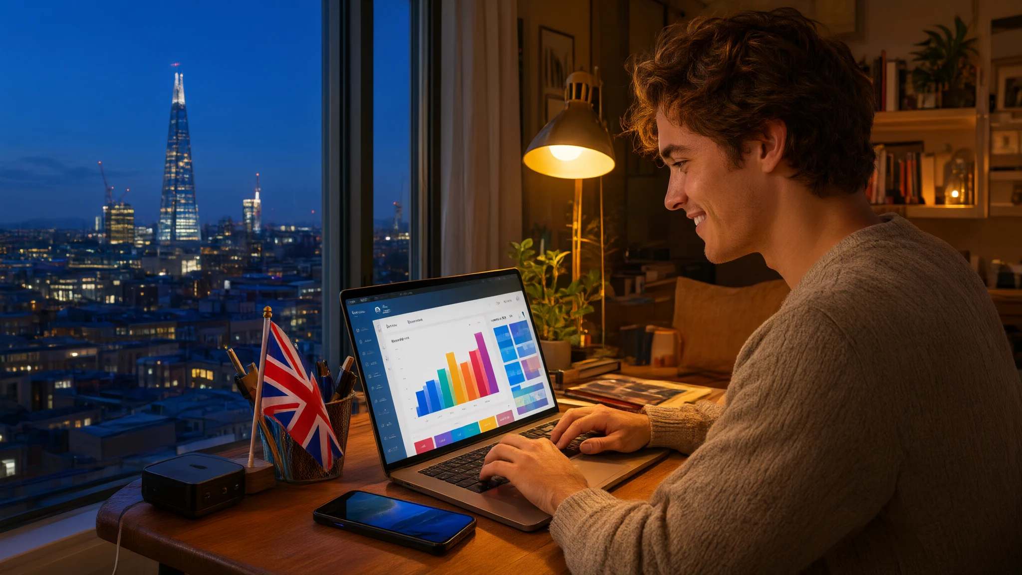 A reseller smiles at a dashboard on his laptop, with the city skyline lit up at dusk through the window