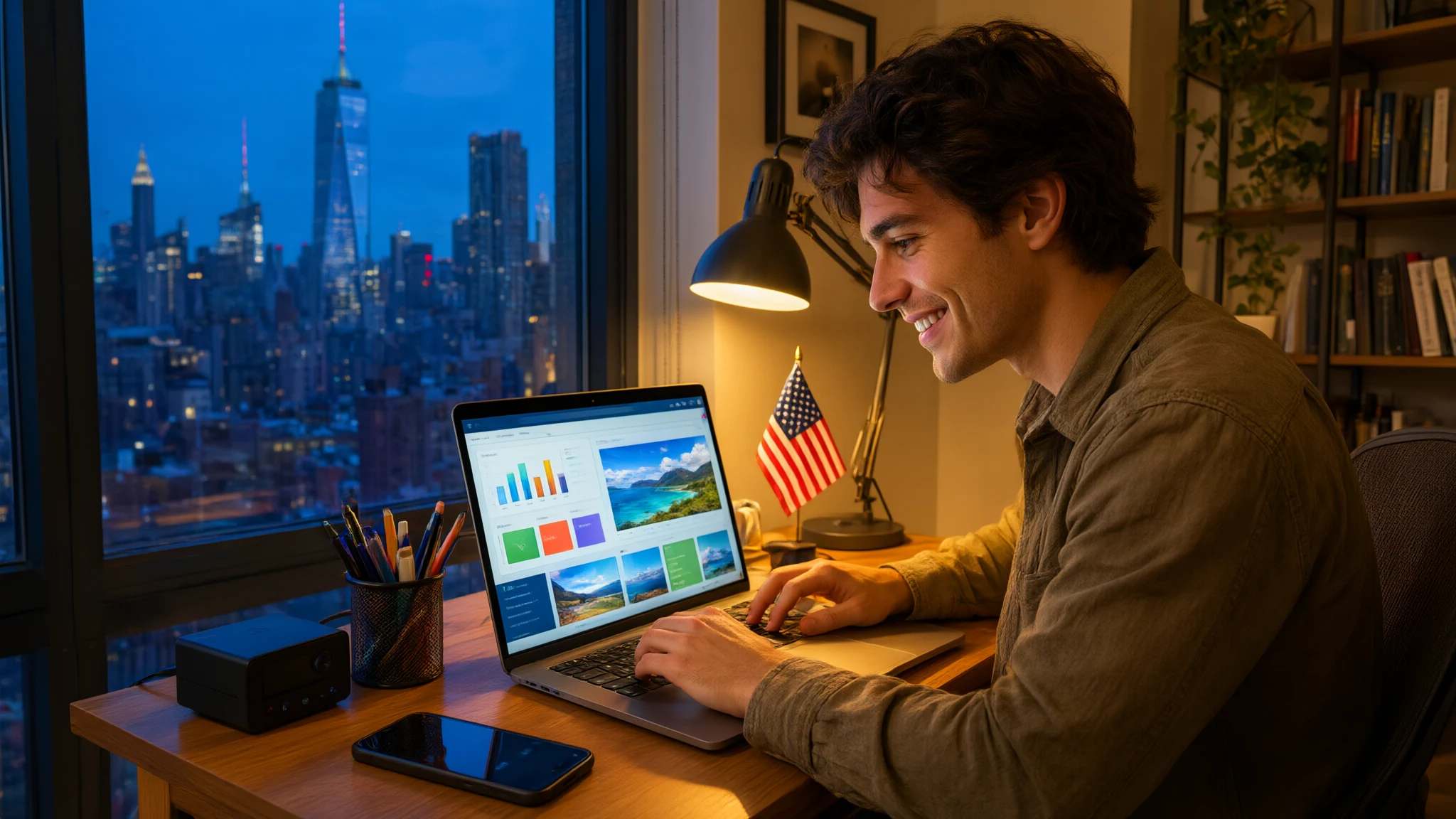 A reseller smiles at a dashboard on his laptop, with the city skyline lit up at dusk through the window