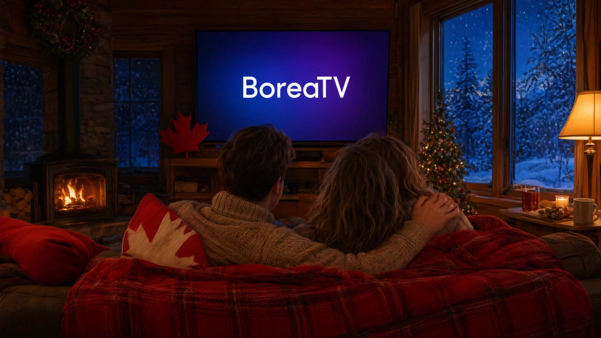 A couple under a red plaid blanket by the fireplace, facing a TV that shows the BoreaTV welcome screen