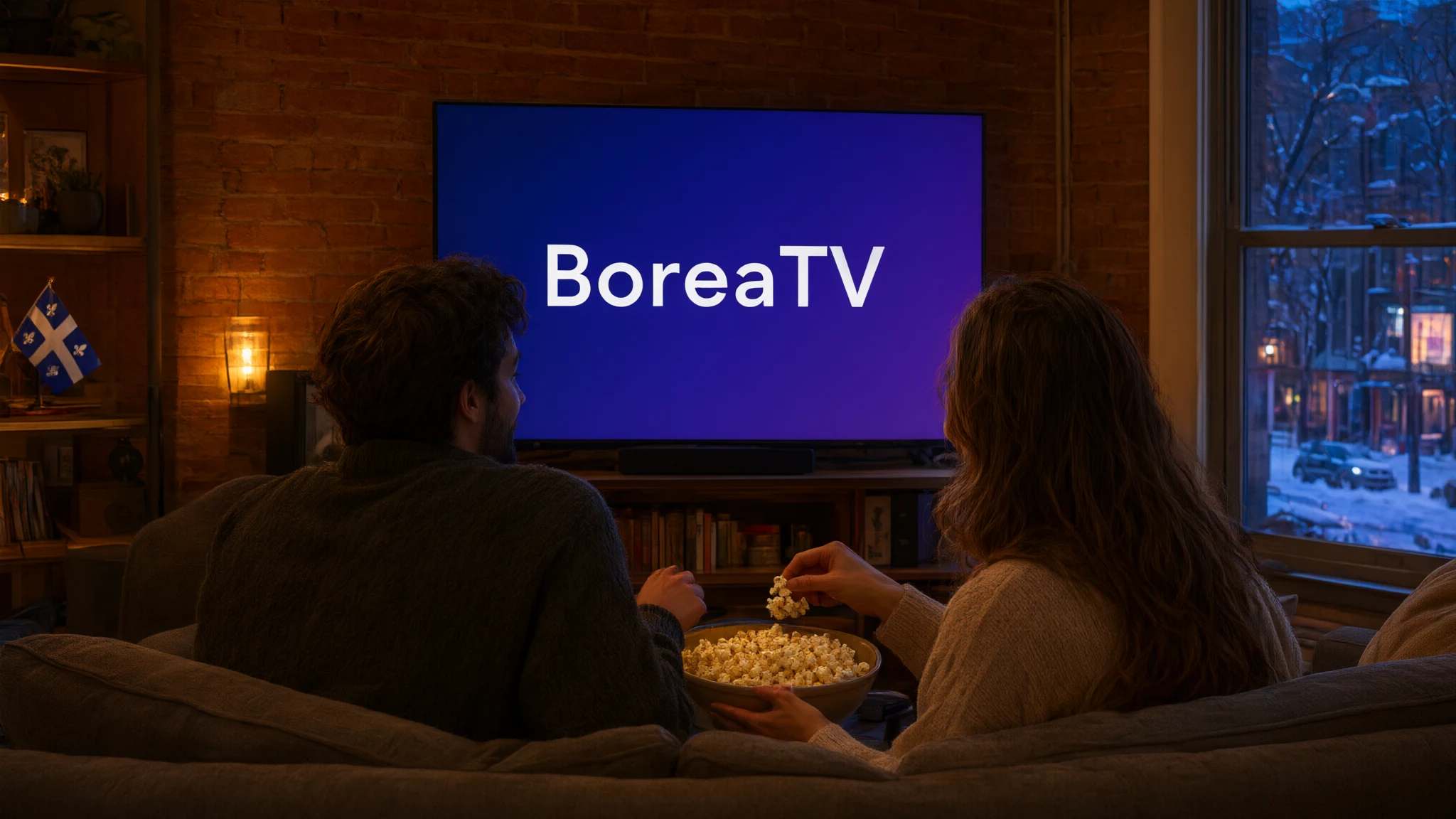 Deux amis partagent du maïs soufflé devant une télé qui affiche l’écran d’accueil BoreaTV