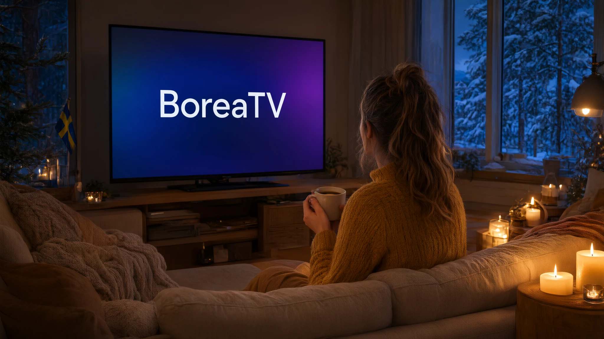 En kvinna med en kopp kaffe bland tända ljus framför en tv som visar BoreaTVs startskärm
