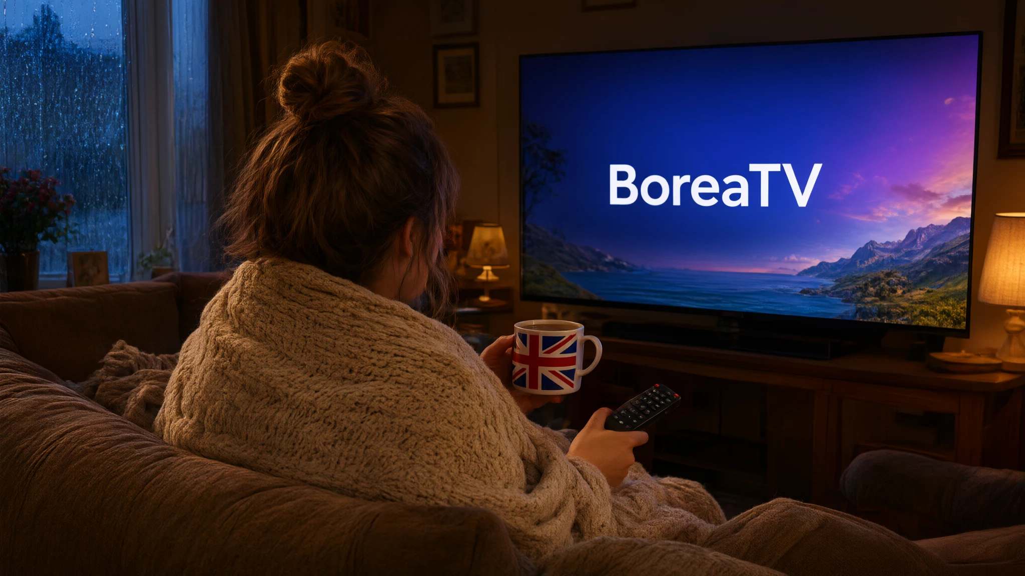 A woman wrapped in a blanket, holding a Union Jack mug, watches a TV showing the BoreaTV welcome screen