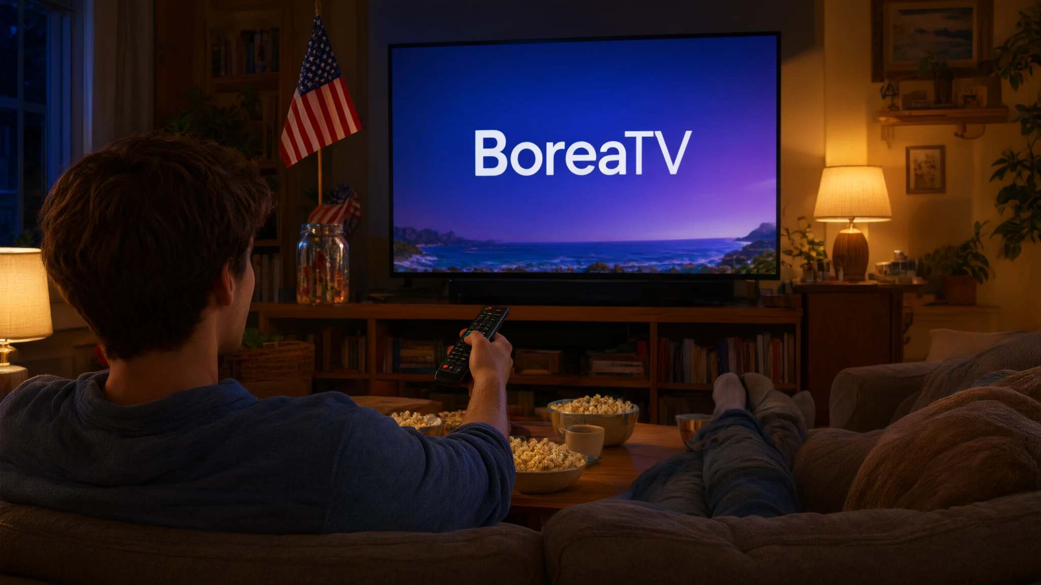 A man on the sofa points the remote at a TV showing the BoreaTV welcome screen